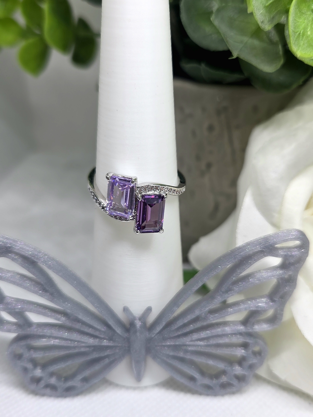 Double Emerald-Cut Lavender And Purple Topaz Ring On Rhodium Plating